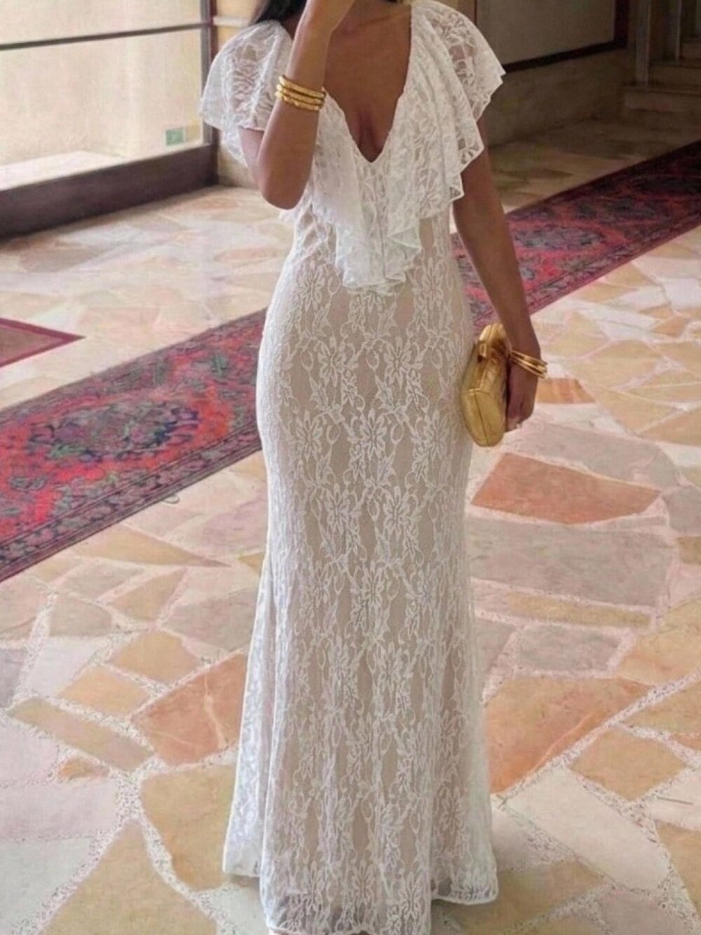 White Elegant Women's Ruffle Deep V-Neck Lace Trim Bodycon Mermaid Dress
